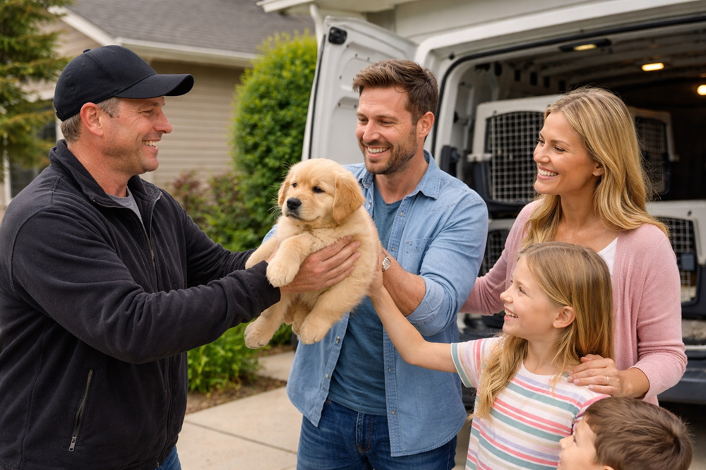 pet courier dropping off puppy to new family